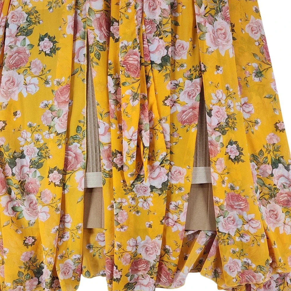 Petal Roz Maxi Dress M Fairy Whimsical Yellow Floral Faux Wrap Long Sleeve‎ Boho